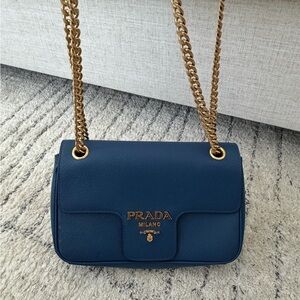 Prada Navy Blue Shoulder Bag with Gold Chain
